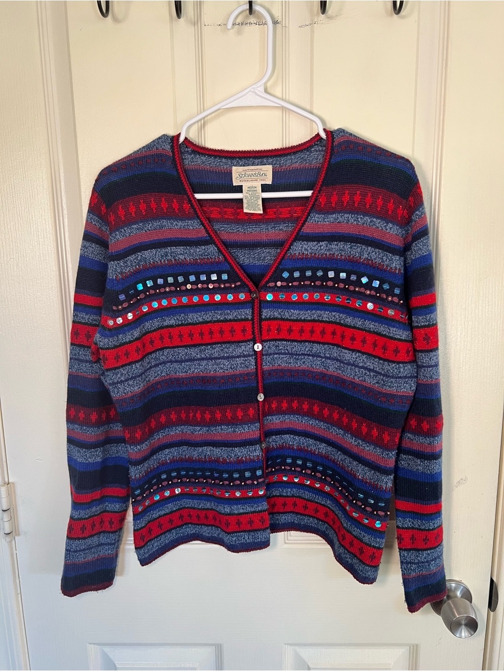 Vintage St. John’s Bay Lambswool Blend Sequences Striped Cardigan Sweater M
